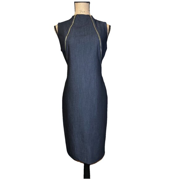 CALVIN KLEIN High Neck Sheath Dress Blue Double Exposed Zip Career Office Sz 6 - Picture 1 of 8